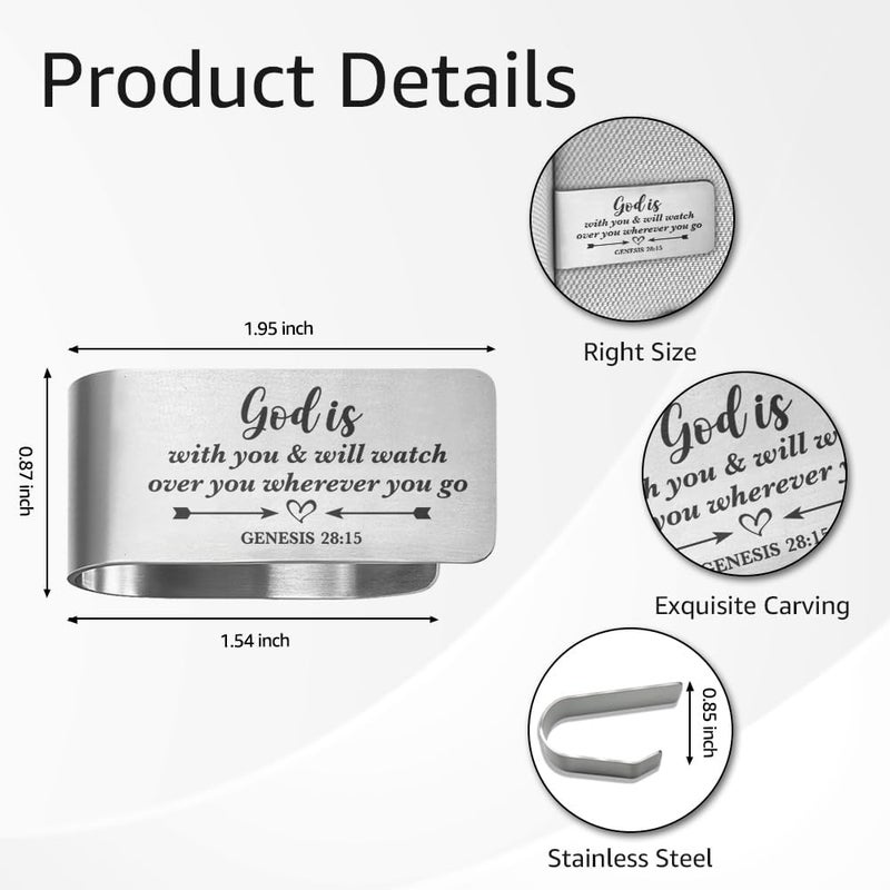 PUVOXHO God is with You and Will Watch Over You Wherever You Go Engraved Stainless Steel Car Visor Clip, Genesis 28:15, Funny Religious Gifts for Women Men Family Friend, New Driver Gifts - Image 2